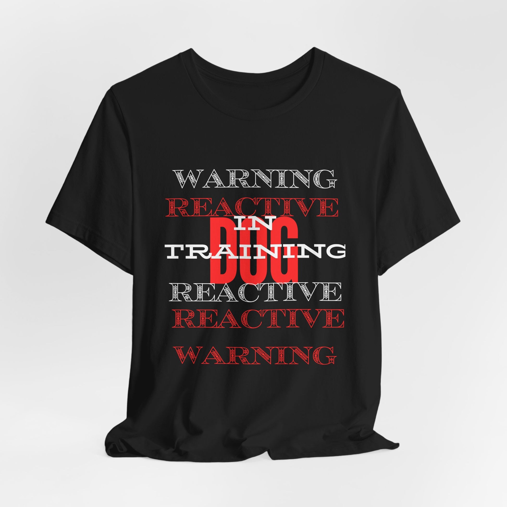 Warning Reactive Dog in Training t-shirt — front print view, give-me-space yellow dog ethos, Sniff Waggle And Walk