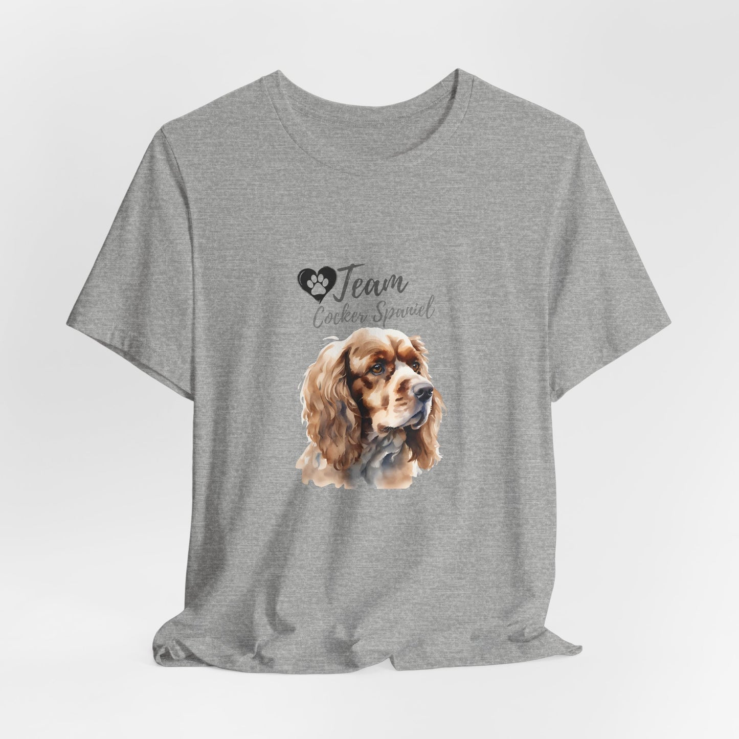 Team Cocker Spaniel watercolour t-shirt in Athletic Heather, hanging front view
