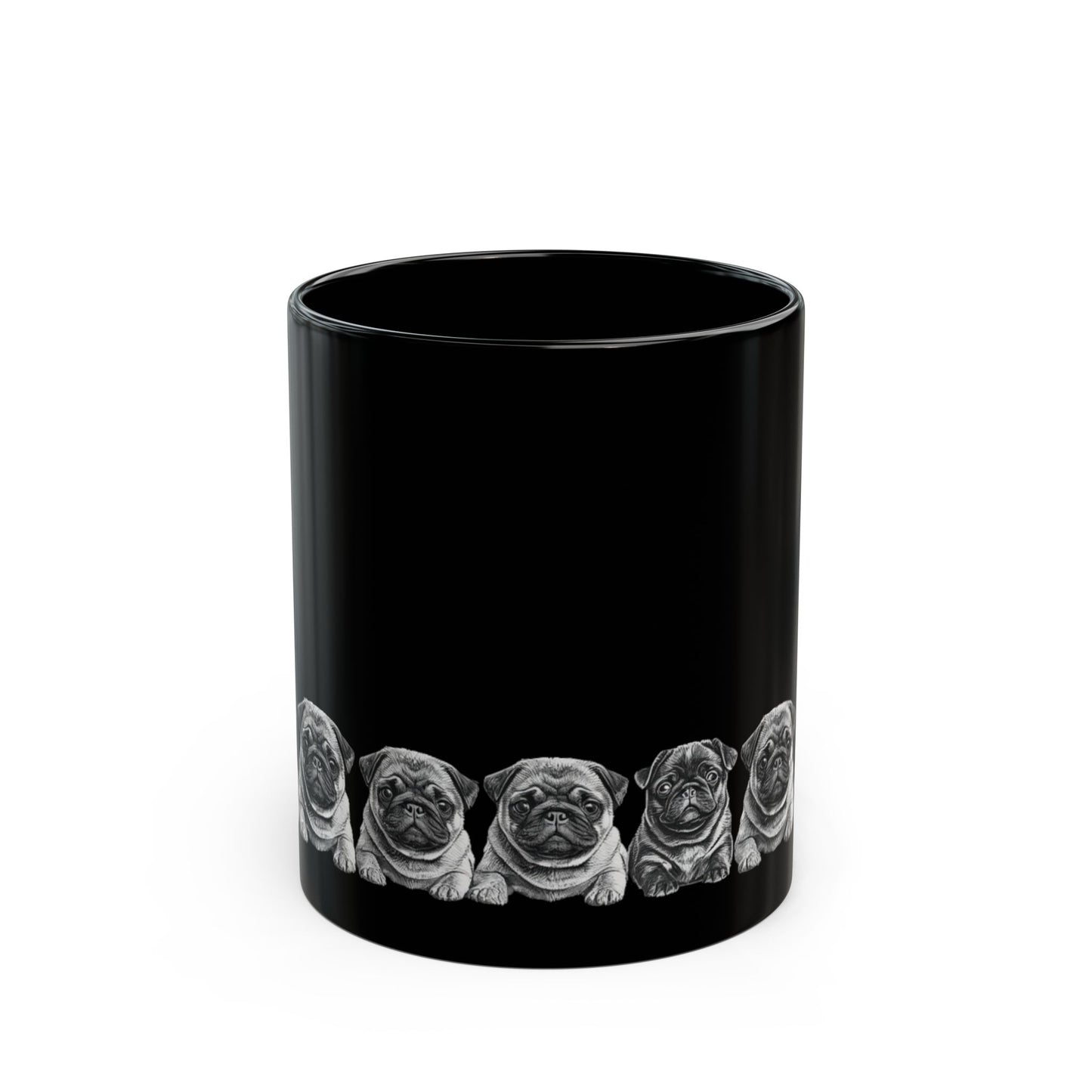 Pug Parade Black Ceramic Mug — 11oz & 15oz Cute Pug Lineup Coffee Cup