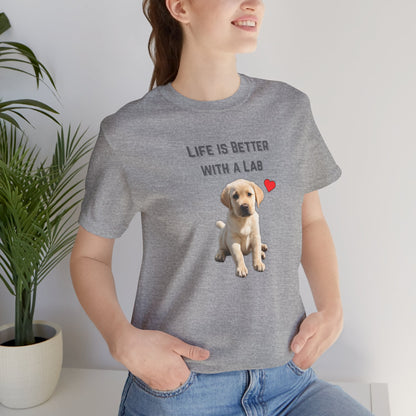 Life Is Better with a Lab puppy t-shirt in Athletic Heather worn by a model, front view