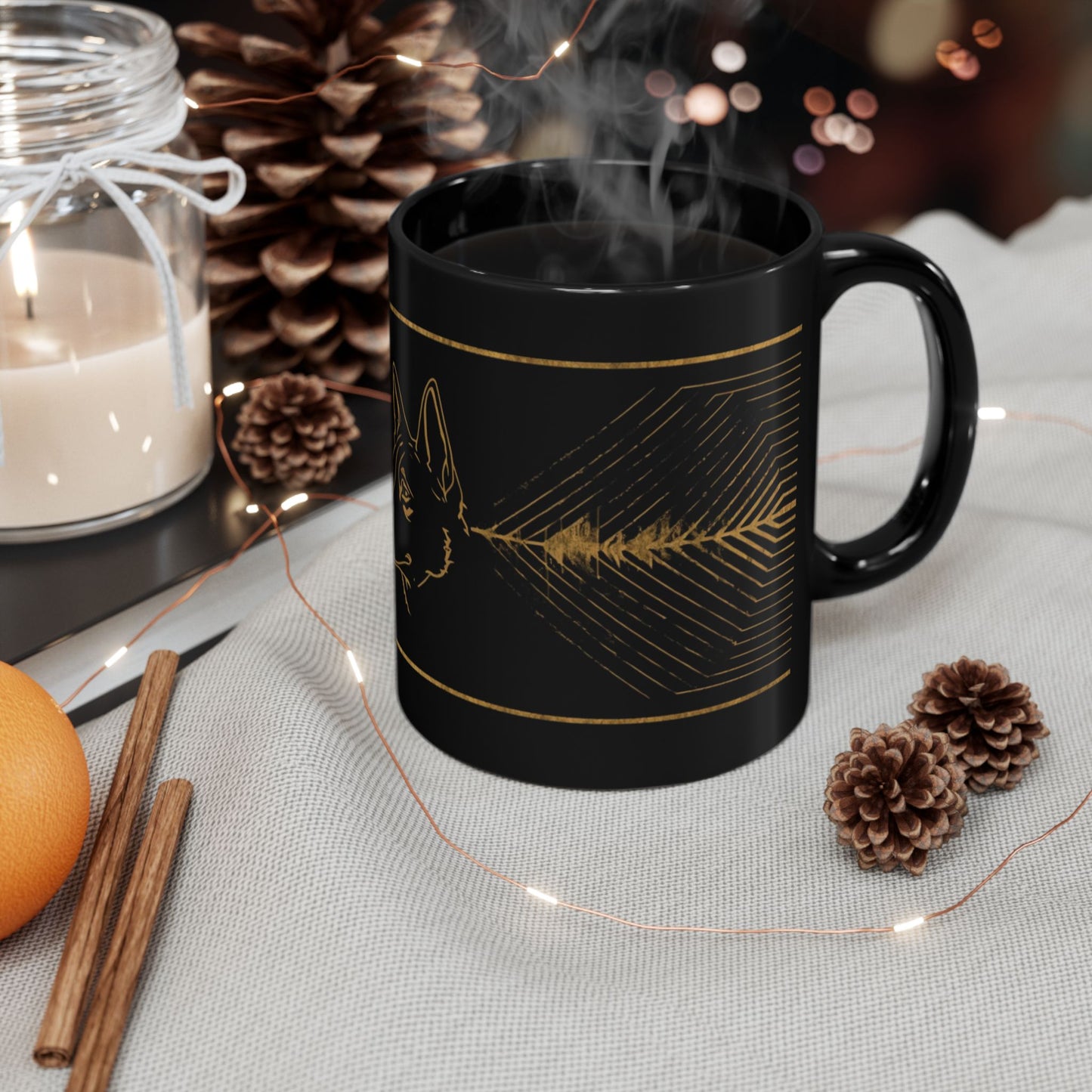 German Shepherd Gold Line Black Mug — Elegant Dog Lover Coffee Cup (11oz/15oz)