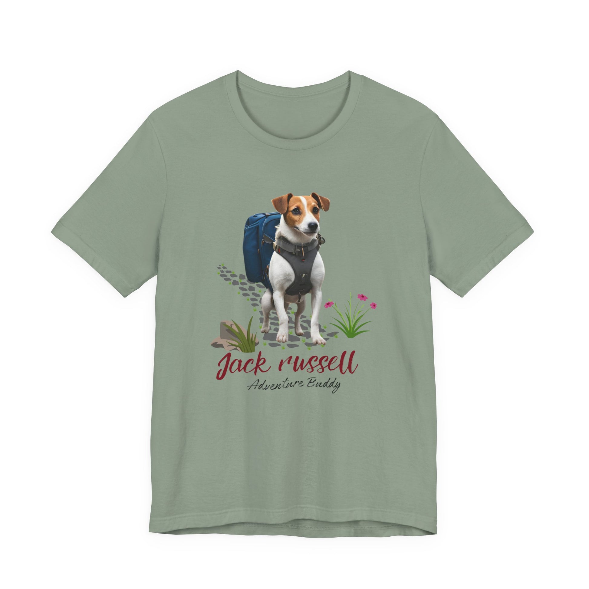 Jack Russell Adventure Buddy t-shirt in Sage green — hiking dog graphic tee, front view