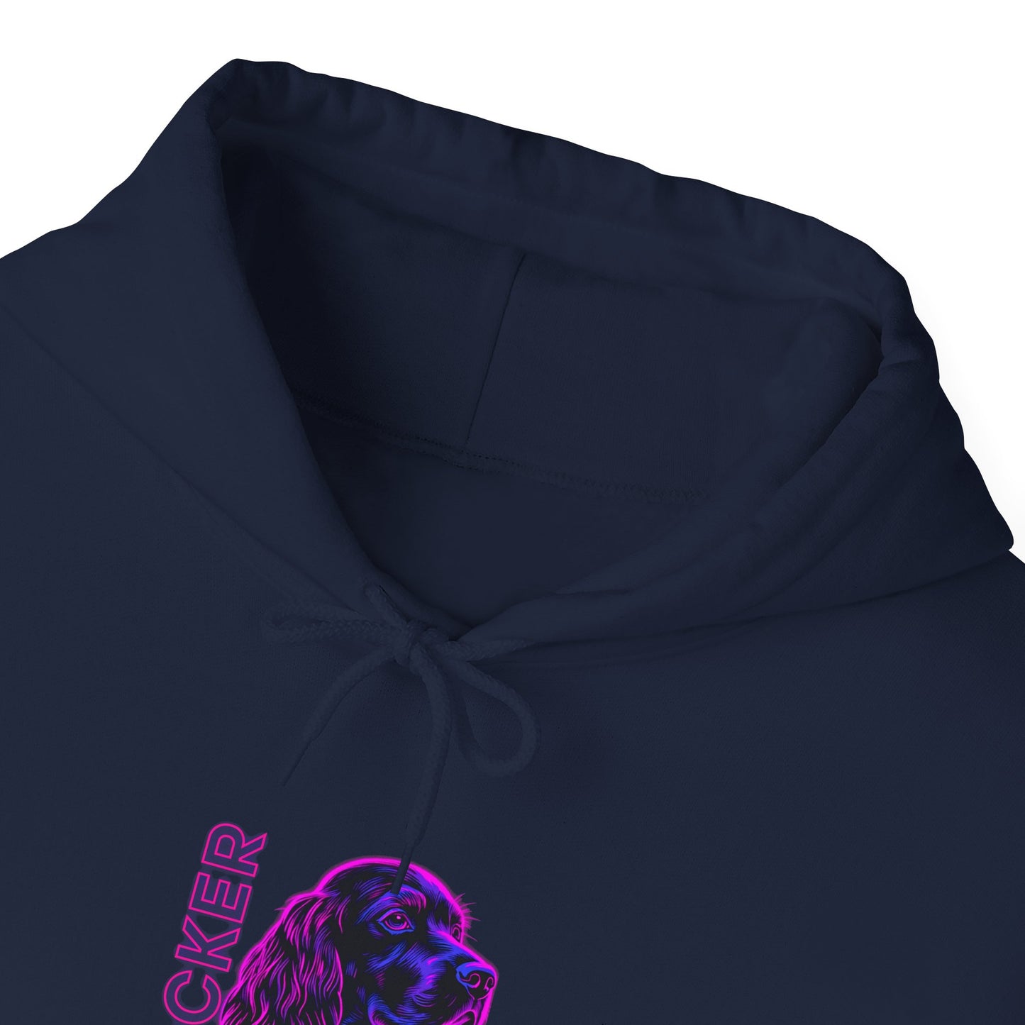 Magenta neon Cocker Spaniel graphic with gold chain detail