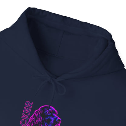 Magenta neon Cocker Spaniel graphic with gold chain detail