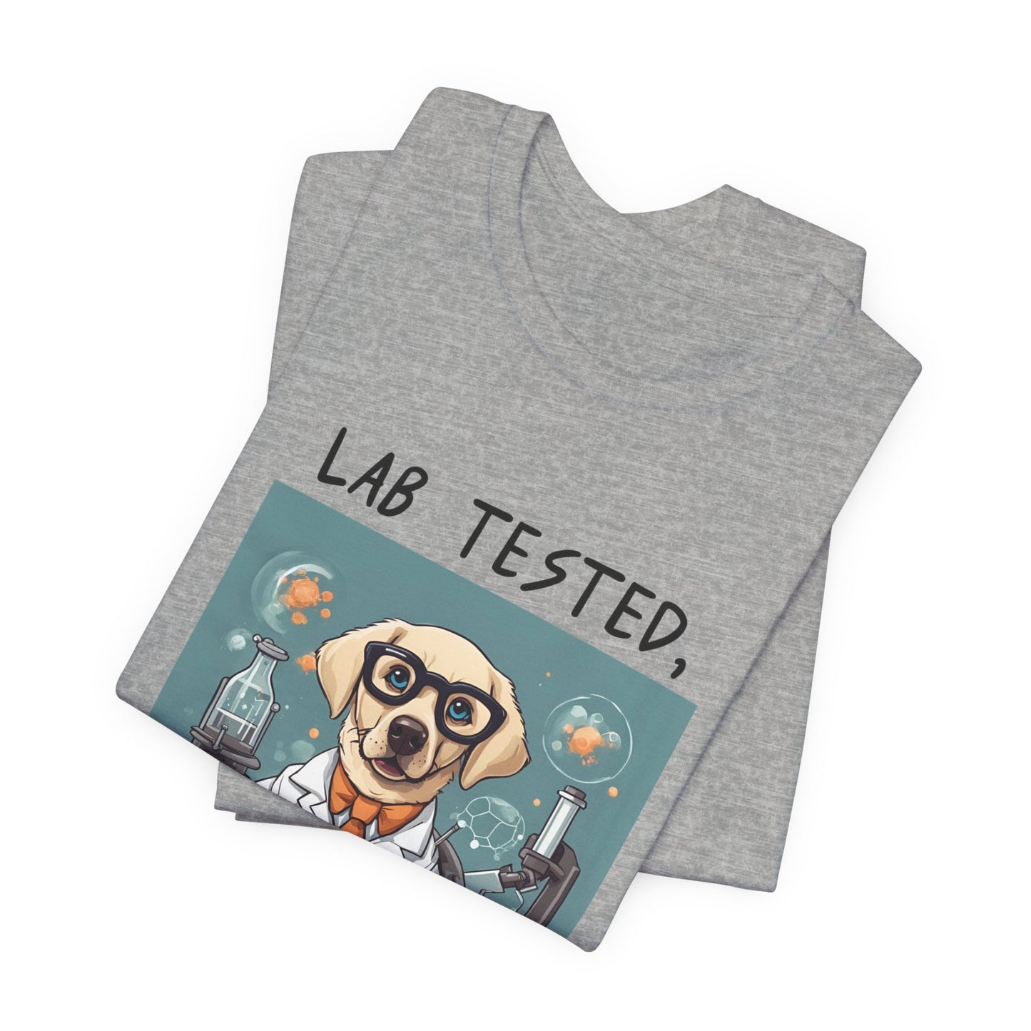 Lab Tested Owner Approved Labrador t-shirt in Athletic Heather, folded view showing scientist Lab print