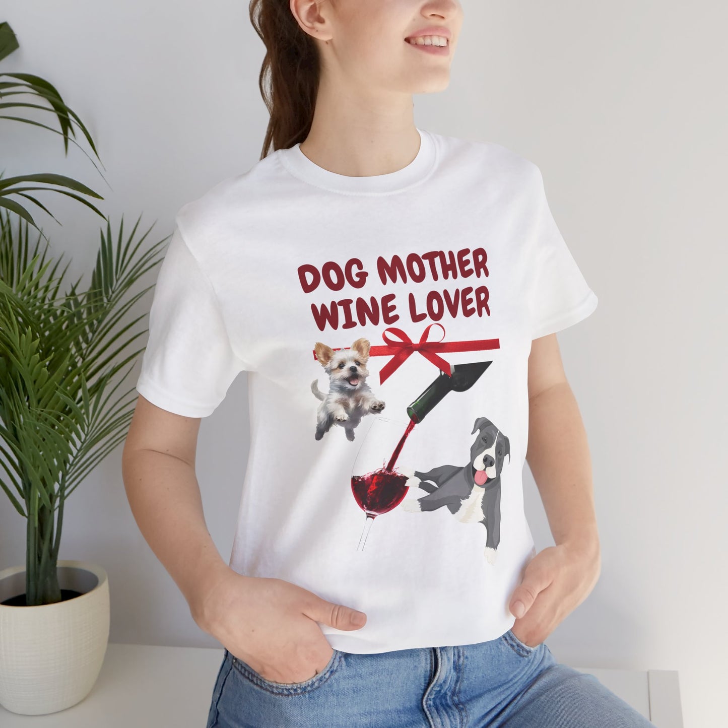 Dog Mother Wine Lover t-shirt front design with red lettering, wine glass and dogs