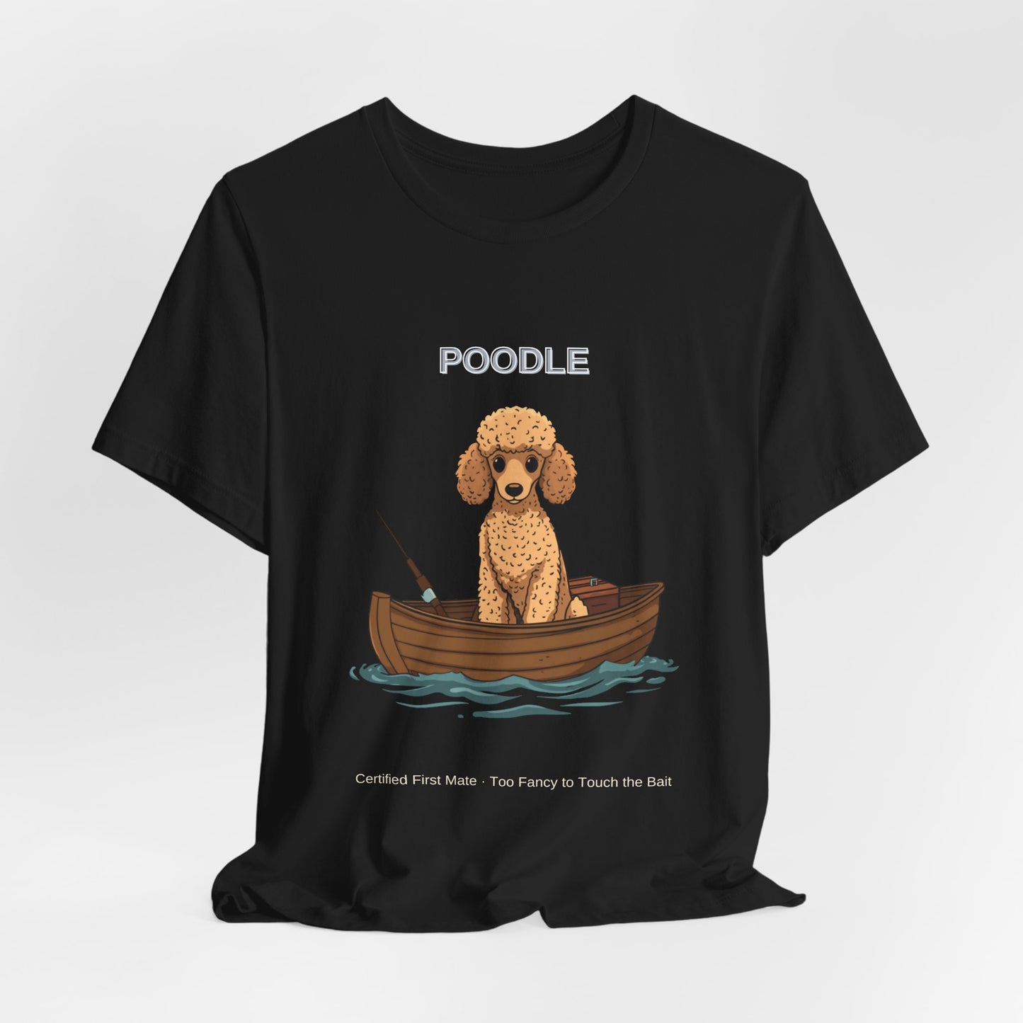 Poodle Fishing Buddy t-shirt worn by model, lifestyle shot