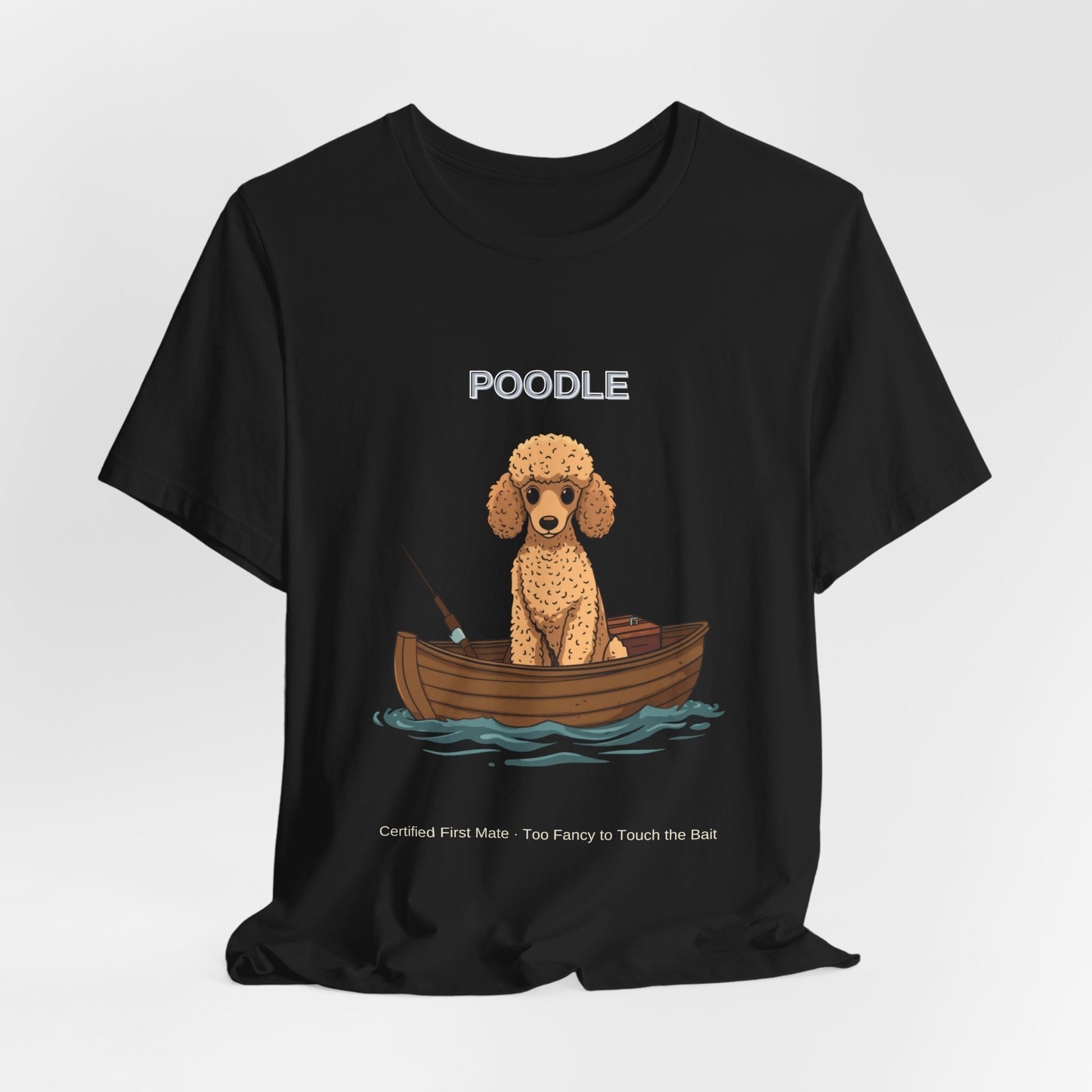 Poodle Fishing Buddy t-shirt worn by model, lifestyle shot