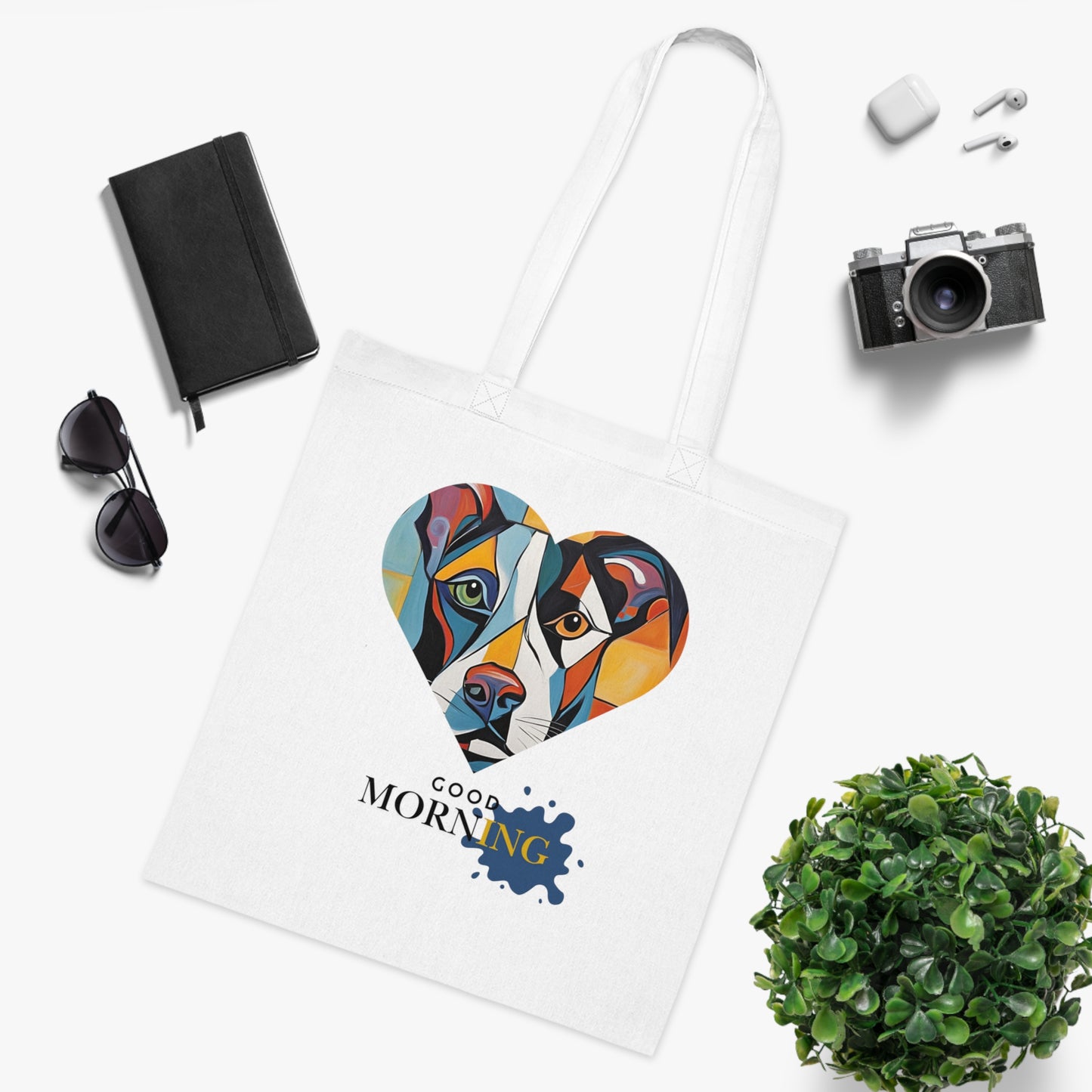 Cotton Tote Bag - Abstract Dog Heart Design with Good Morning Text-Sniffwaggleandwalk™