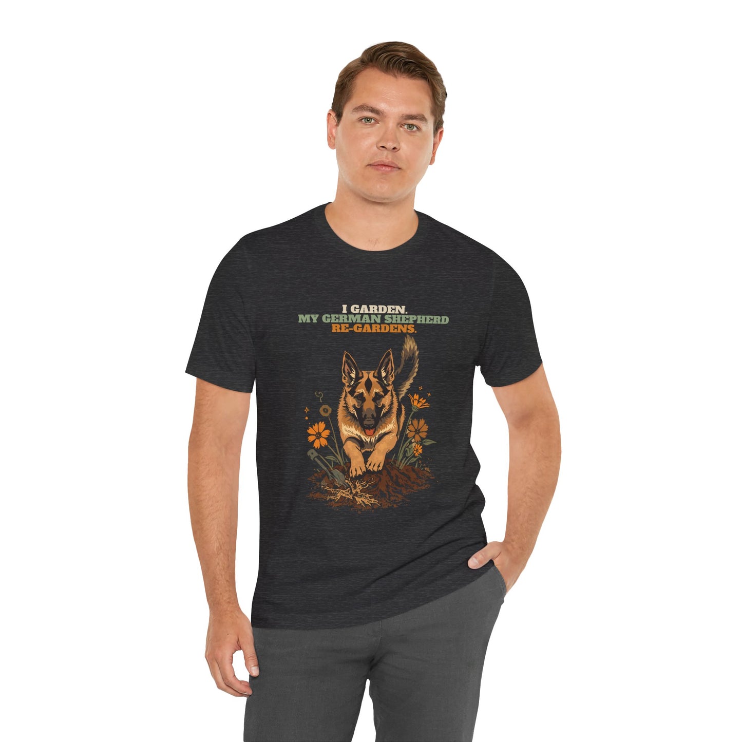 German shepherd gardening graphic t-shirt