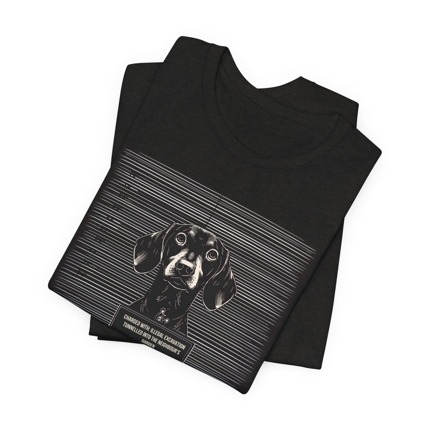 Model wearing the Dachshund True Crime Night Shift tee, dark grey heather