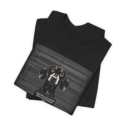 Model wearing the Dachshund True Crime Night Shift tee, dark grey heather