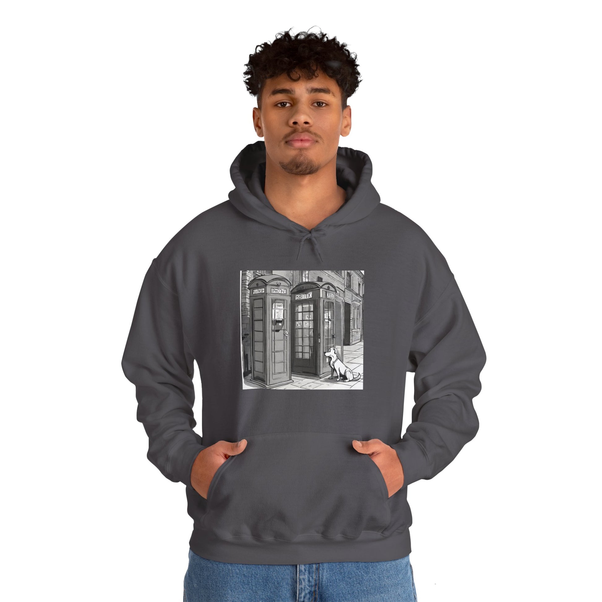 Unisex Heavy Blend™ Dog next to a phone box Hooded Sweatshirt - Sniff Waggle And Walk