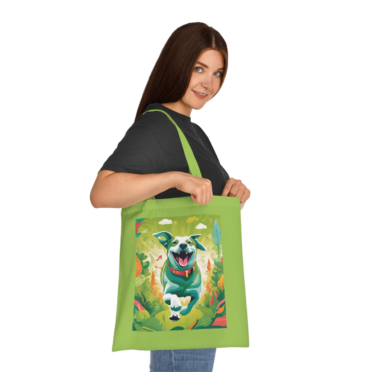 Dog art tote bag showing painted running dog illustration printed on both sides