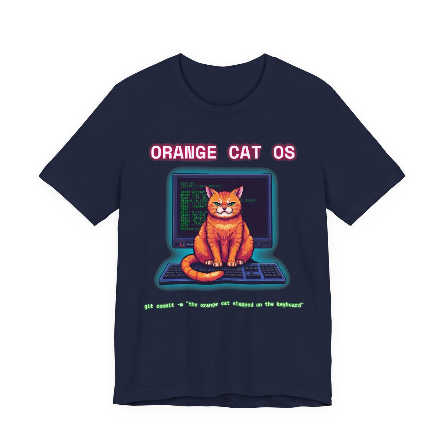 Orange Cat OS T-Shirt — Retro Computer Cat Tee ("Orange Cat OS" with keyboard caption)