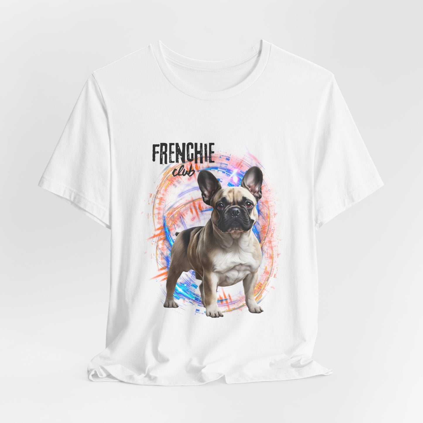 Join the Frenchie Club t-shirt — White, lifestyle shot, French Bulldog owner gift idea