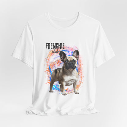 Join the Frenchie Club t-shirt — White, lifestyle shot, French Bulldog owner gift idea