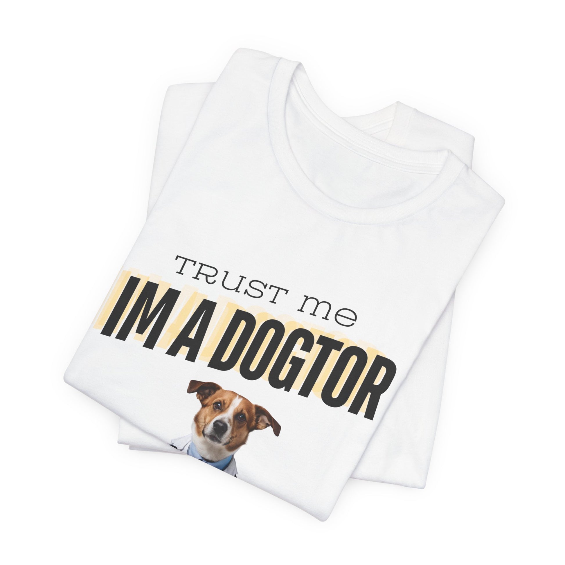 Trust Me I'm a Dogtor t-shirt worn by a model, lifestyle shot