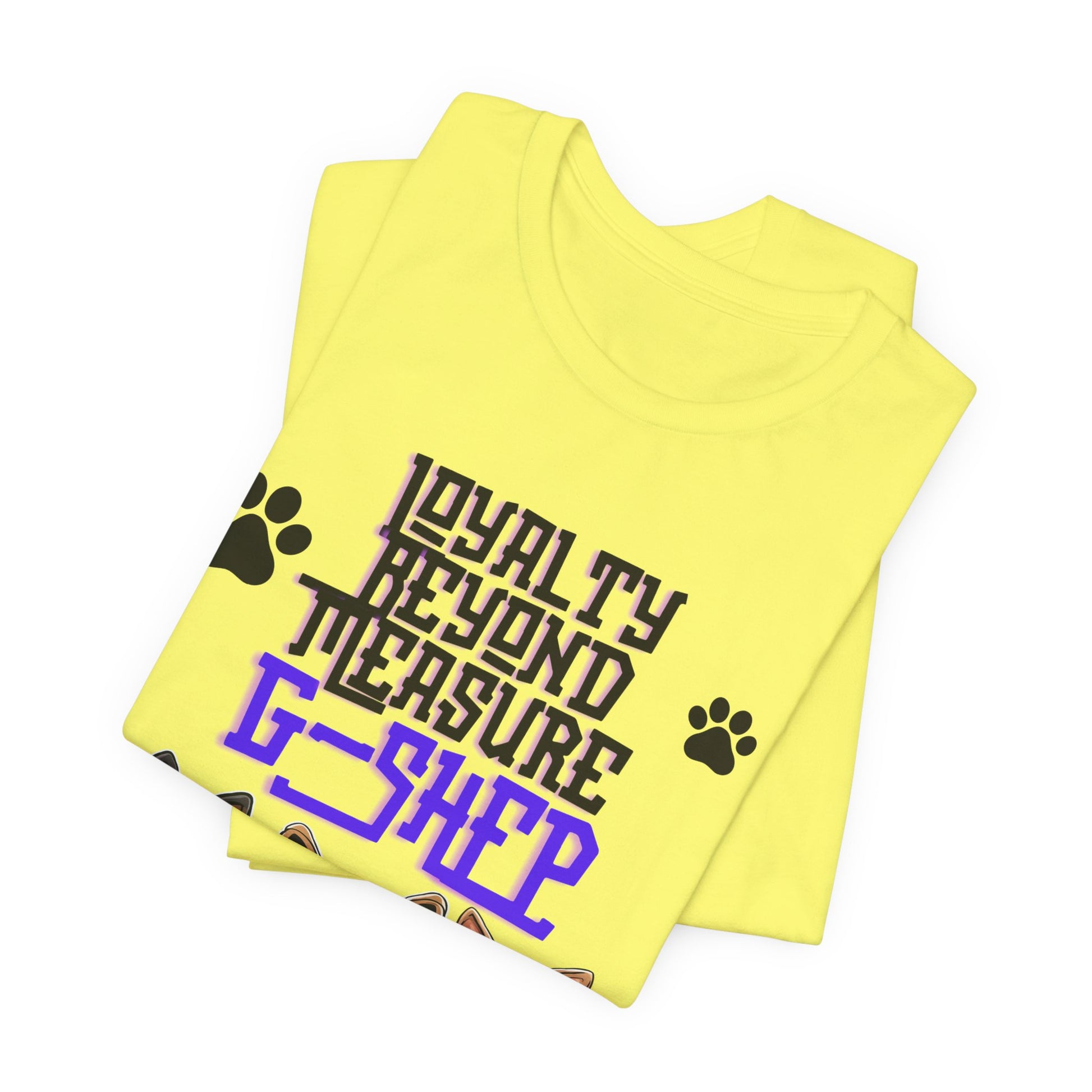 Loyalty Beyond Measure German Shepherd t-shirt in Yellow, folded view showing G-Shep trio print