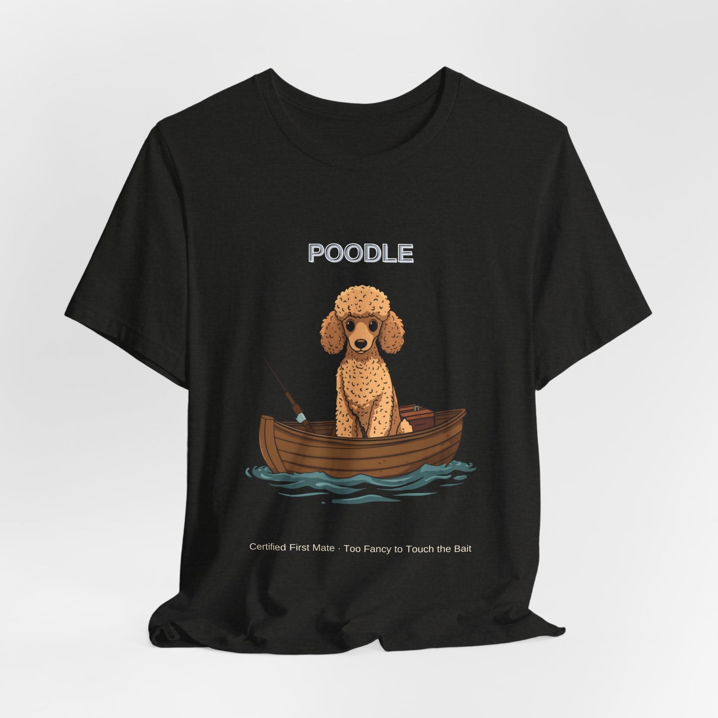Poodle Fishing Buddy t-shirt, design print detail close-up