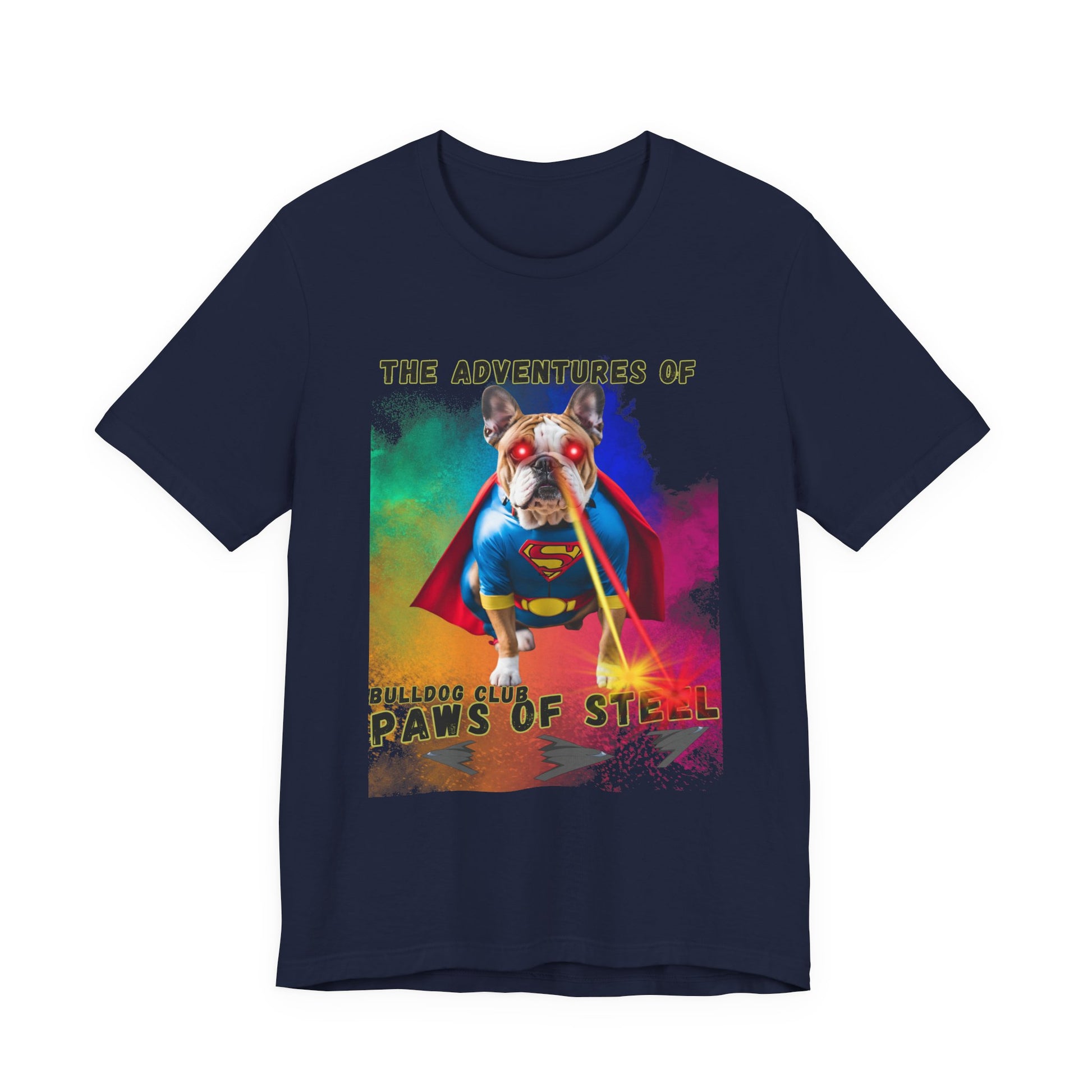 Bulldog Club Paws of Steel T-Shirt in Red — DTG printed bulldog hero graphic on Bella+Canvas 3001 — SniffWaggleNWalk™