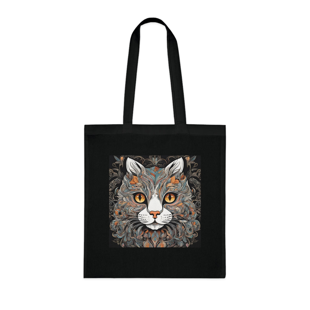 Cat cotton tote bag flat lay showing all four colour options: grey, navy, white, black