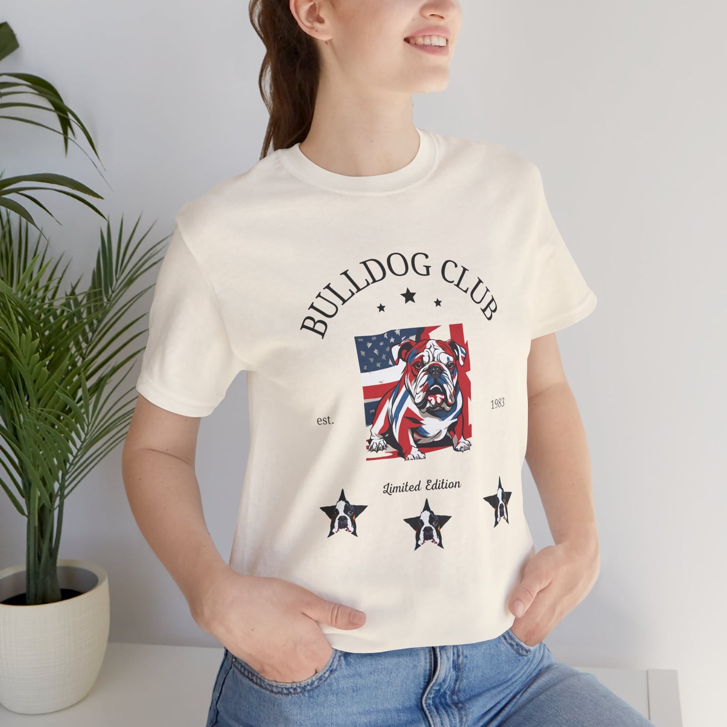 Bulldog Club t-shirt in Natural — vintage American flag bulldog graphic tee, front view