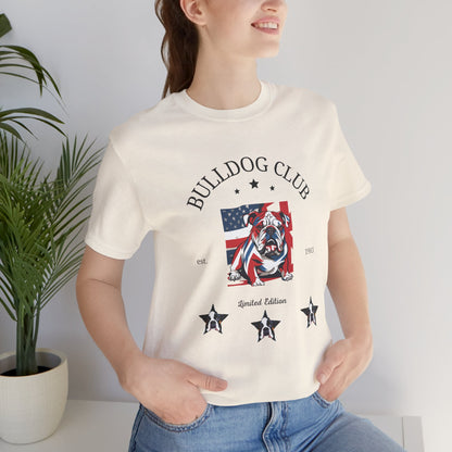Bulldog Club t-shirt in Natural — vintage American flag bulldog graphic tee, front view