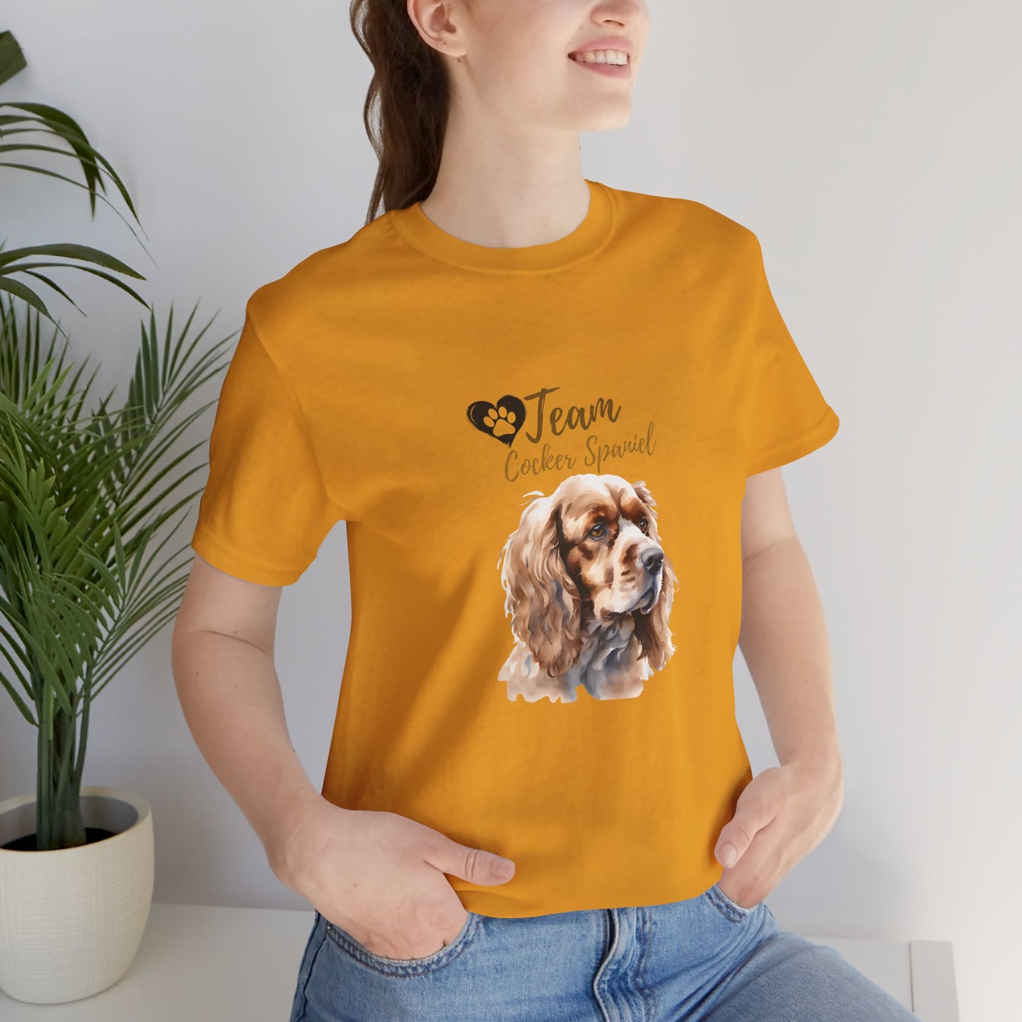 Team Cocker Spaniel watercolour t-shirt in Mustard worn by a model, front view