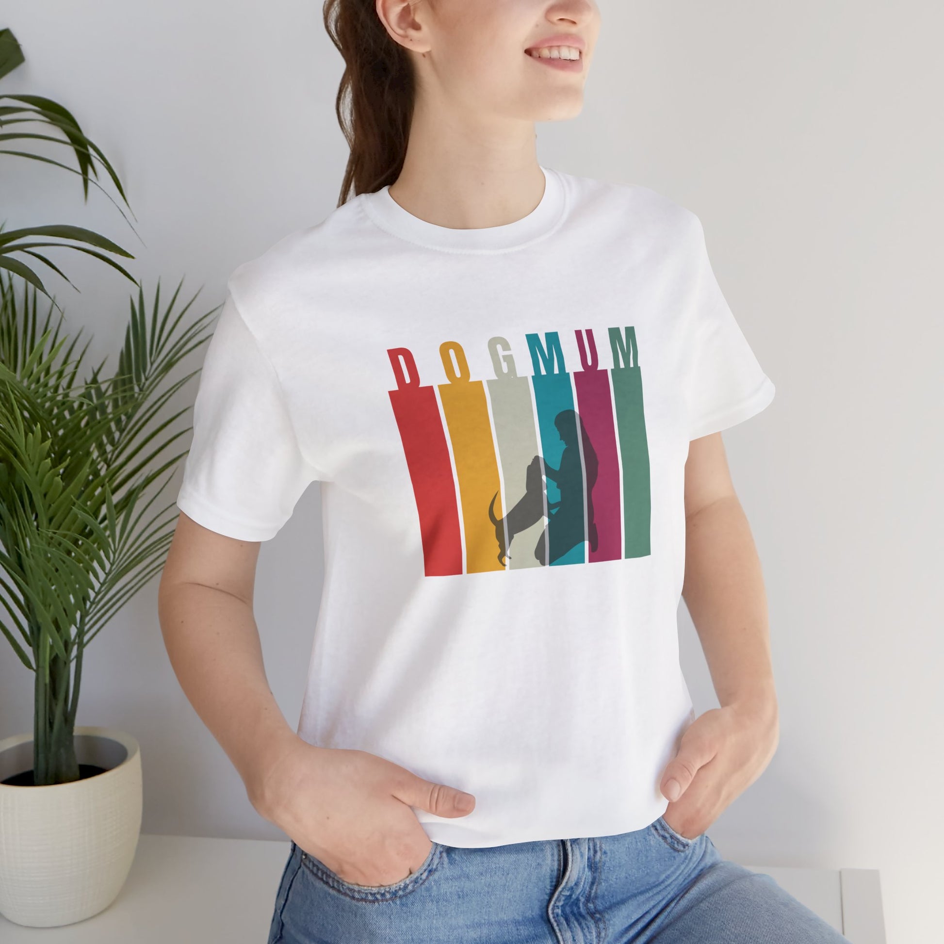 Dog Mum T-Shirt in White — retro DOG MUM stripe design with woman and dog silhouette