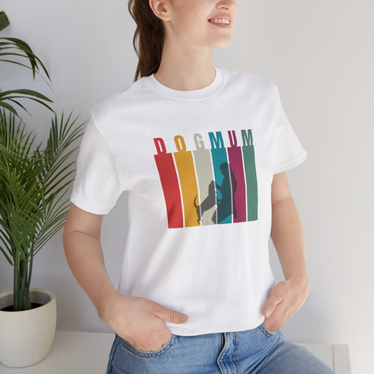 Dog Mum T-Shirt in White — retro DOG MUM stripe design with woman and dog silhouette