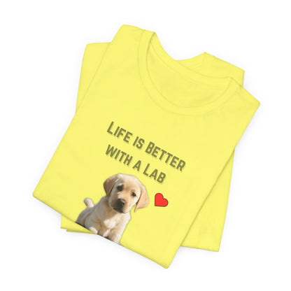 Life Is Better with a Lab puppy t-shirt in Yellow, folded view showing Labrador puppy print