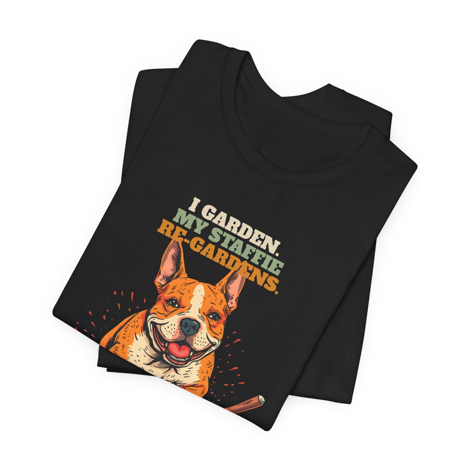 Gardening dog t-shirt featuring a staffie