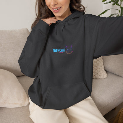 Neon Frenchie hoodie front view on black unisex pullover