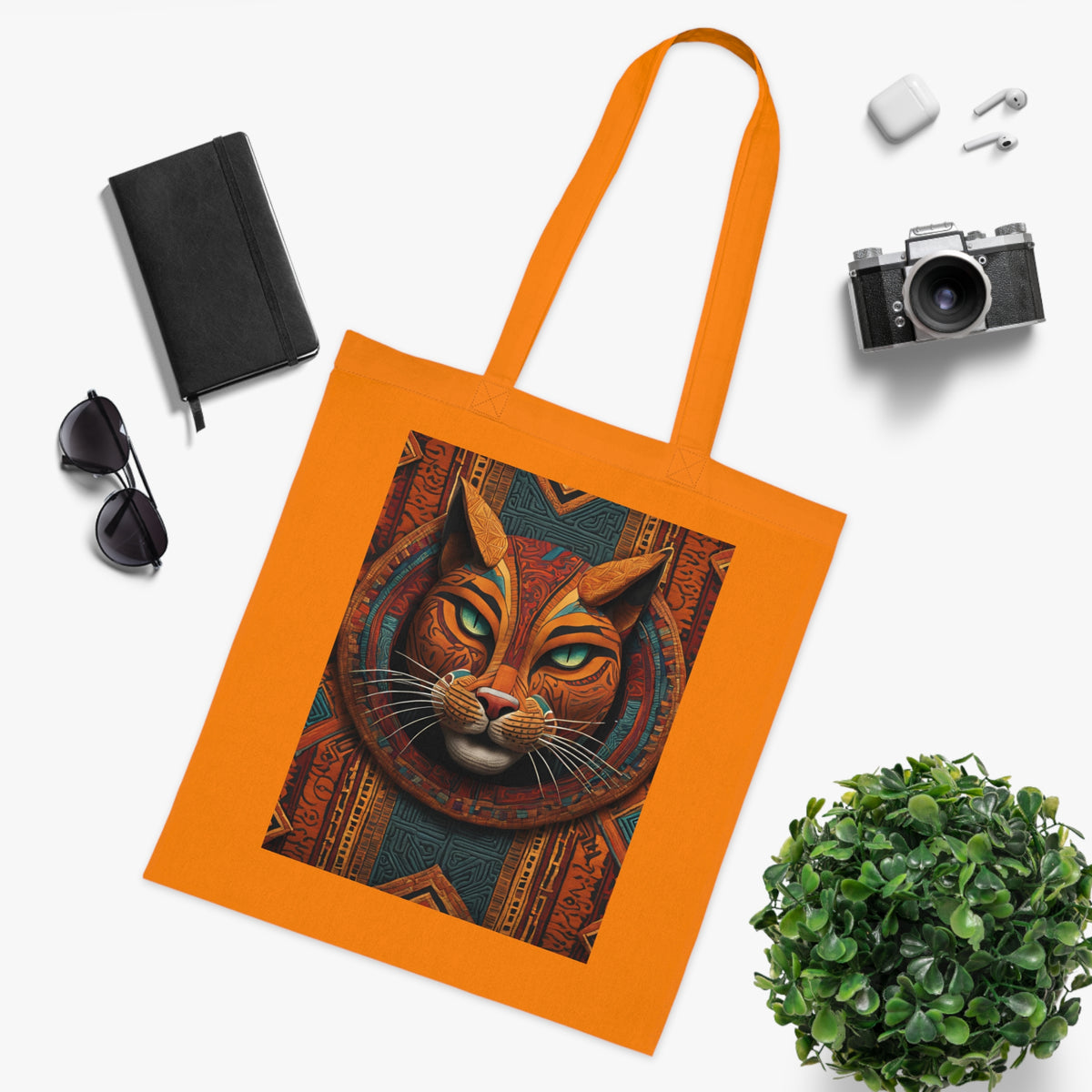 Detail of reinforced handle stitching on Egyptian cat cotton tote bag — durable 100% cotton