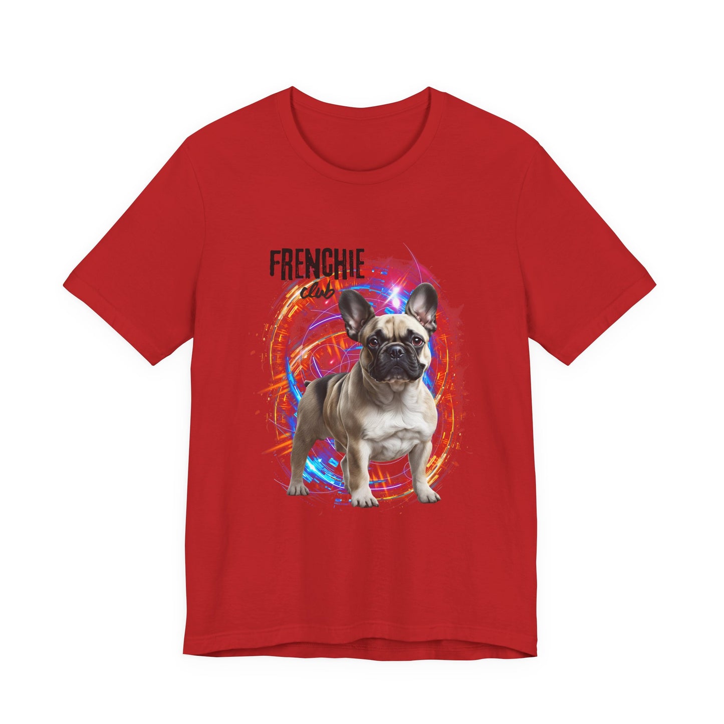 Join the Frenchie Club t-shirt — Red and White colours shown, Bella+Canvas 3001, free worldwide delivery