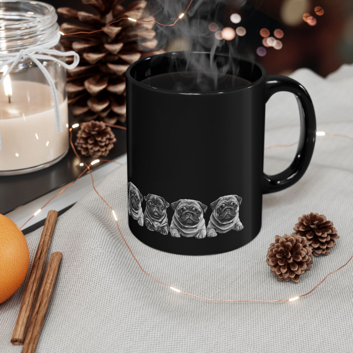 Pug Parade Black Ceramic Mug — 11oz & 15oz Cute Pug Lineup Coffee Cup