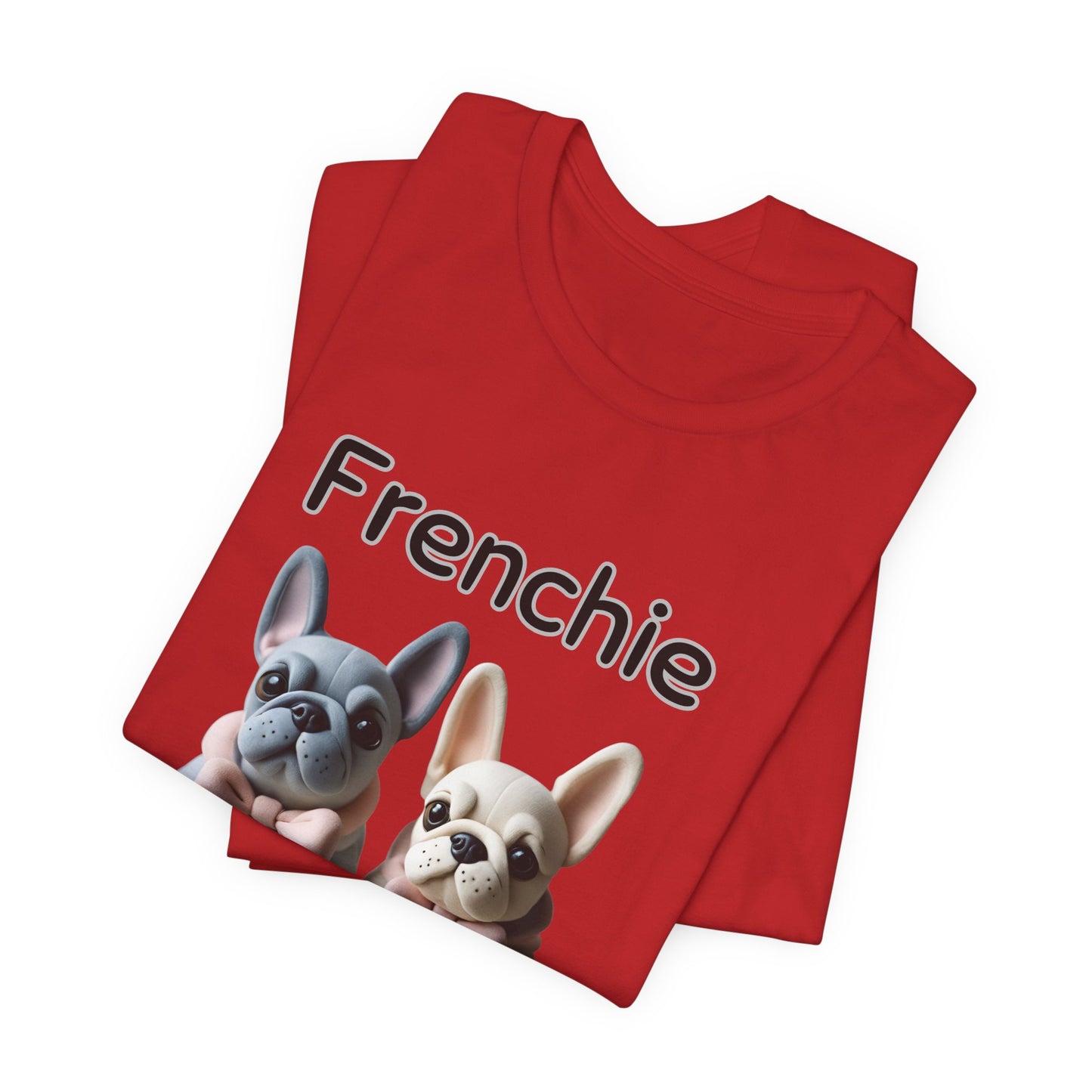 Folded Red Frenchie Squad t-shirt with French Bulldog pups design