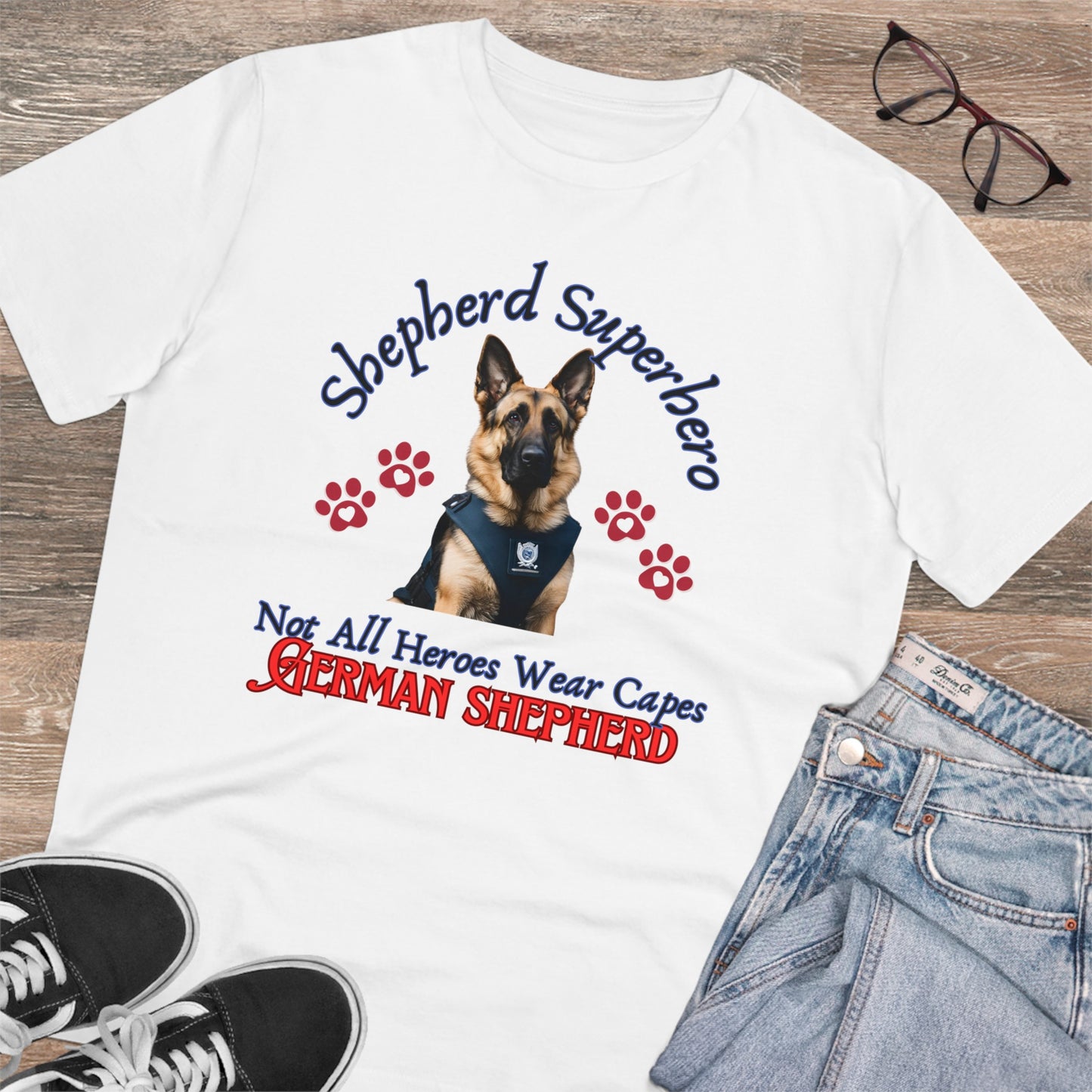 SHEPHERD SUPERHERO "NOT ALL HEROS WEAR CAPES" Soft Organic T-shirt - Unisex - Sniff Waggle And Walk