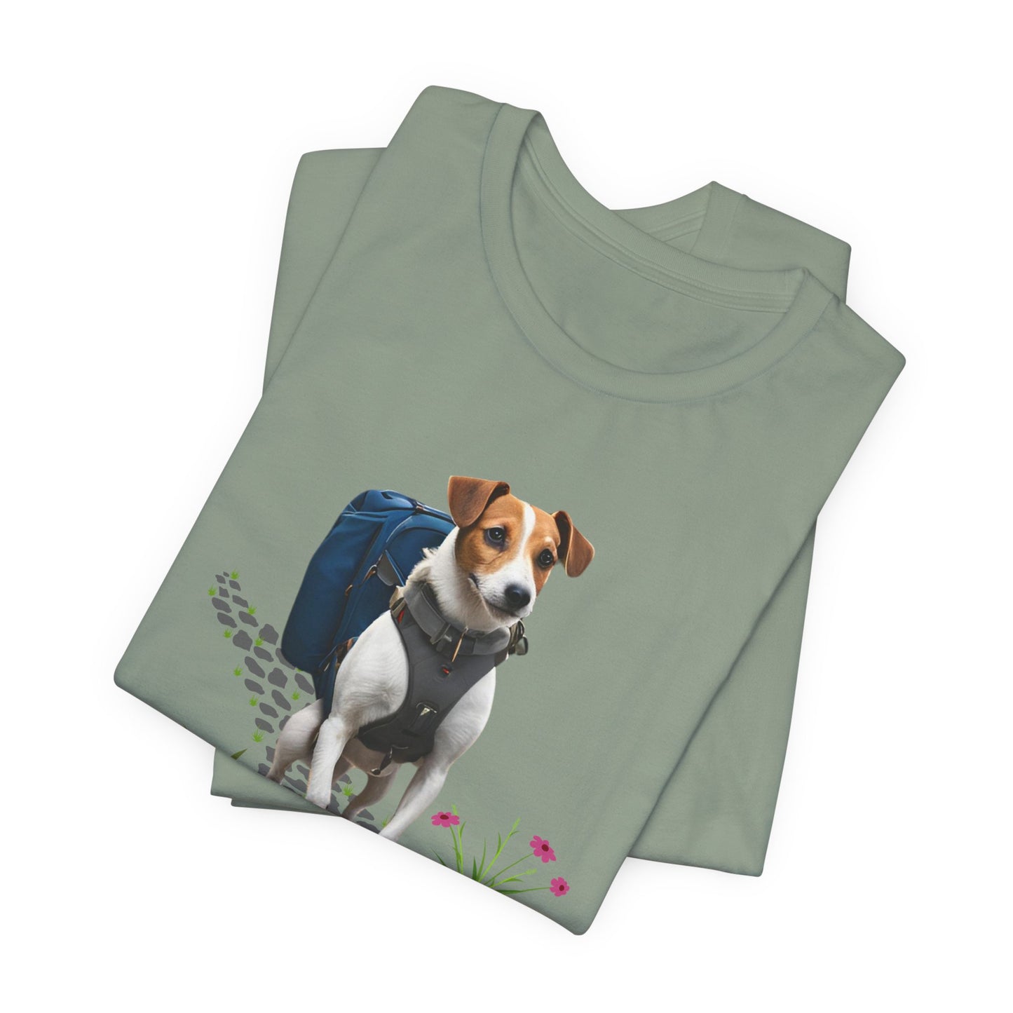 Folded Sage green Jack Russell Adventure Buddy tee with hiking terrier print