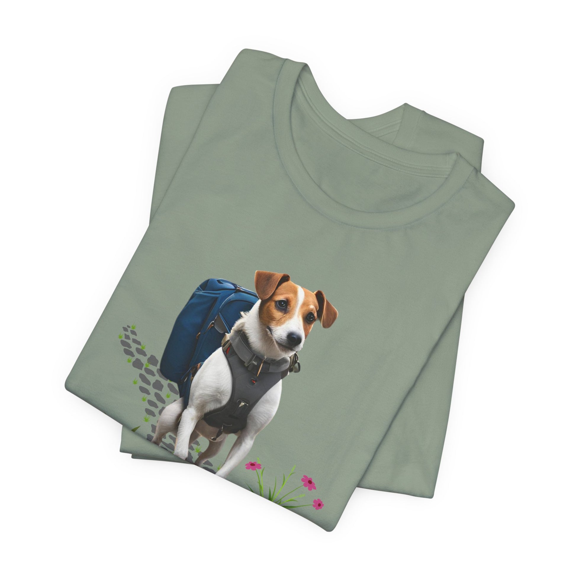 Folded Sage green Jack Russell Adventure Buddy tee with hiking terrier print