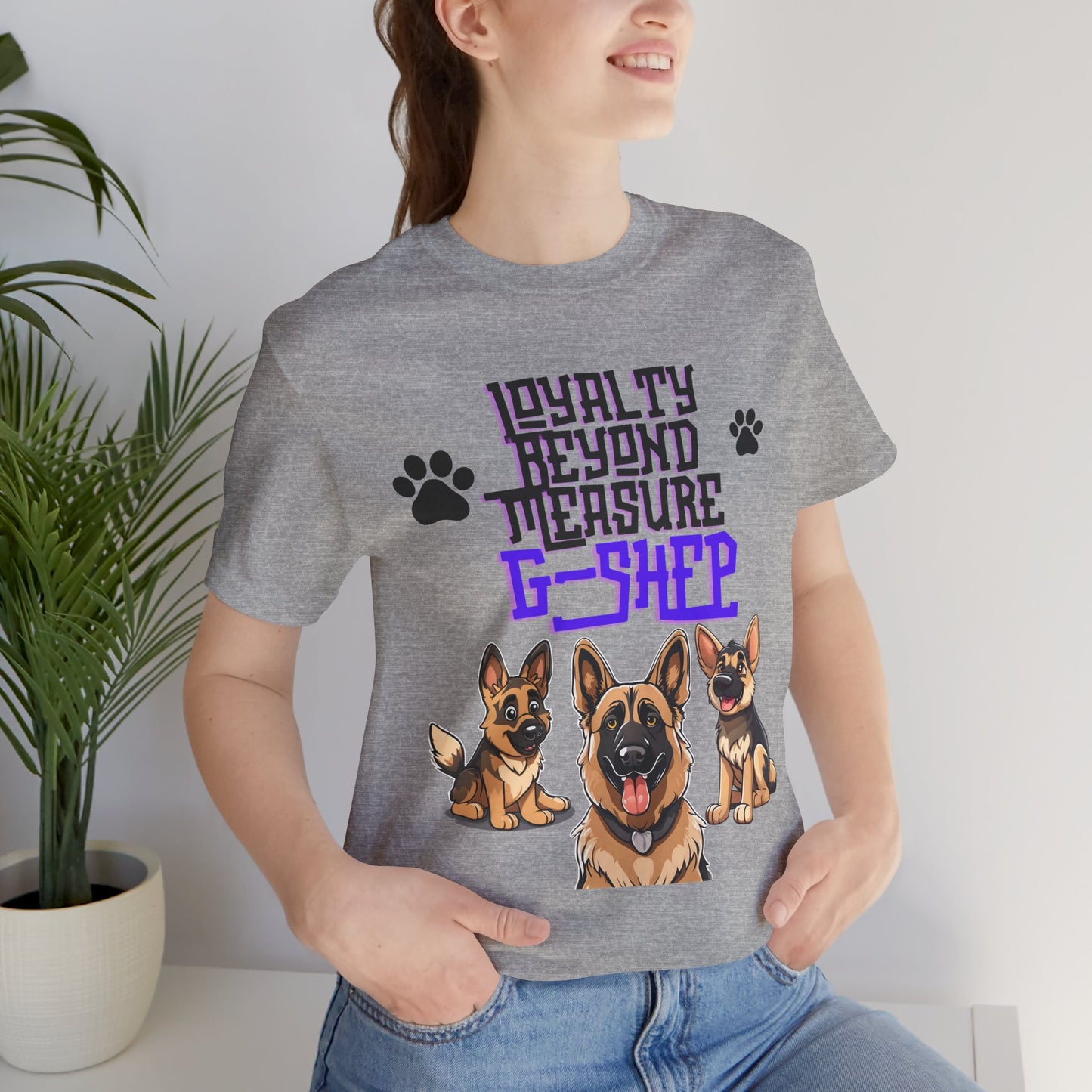 Loyalty Beyond Measure German Shepherd t-shirt in Athletic Heather worn by a model, front view