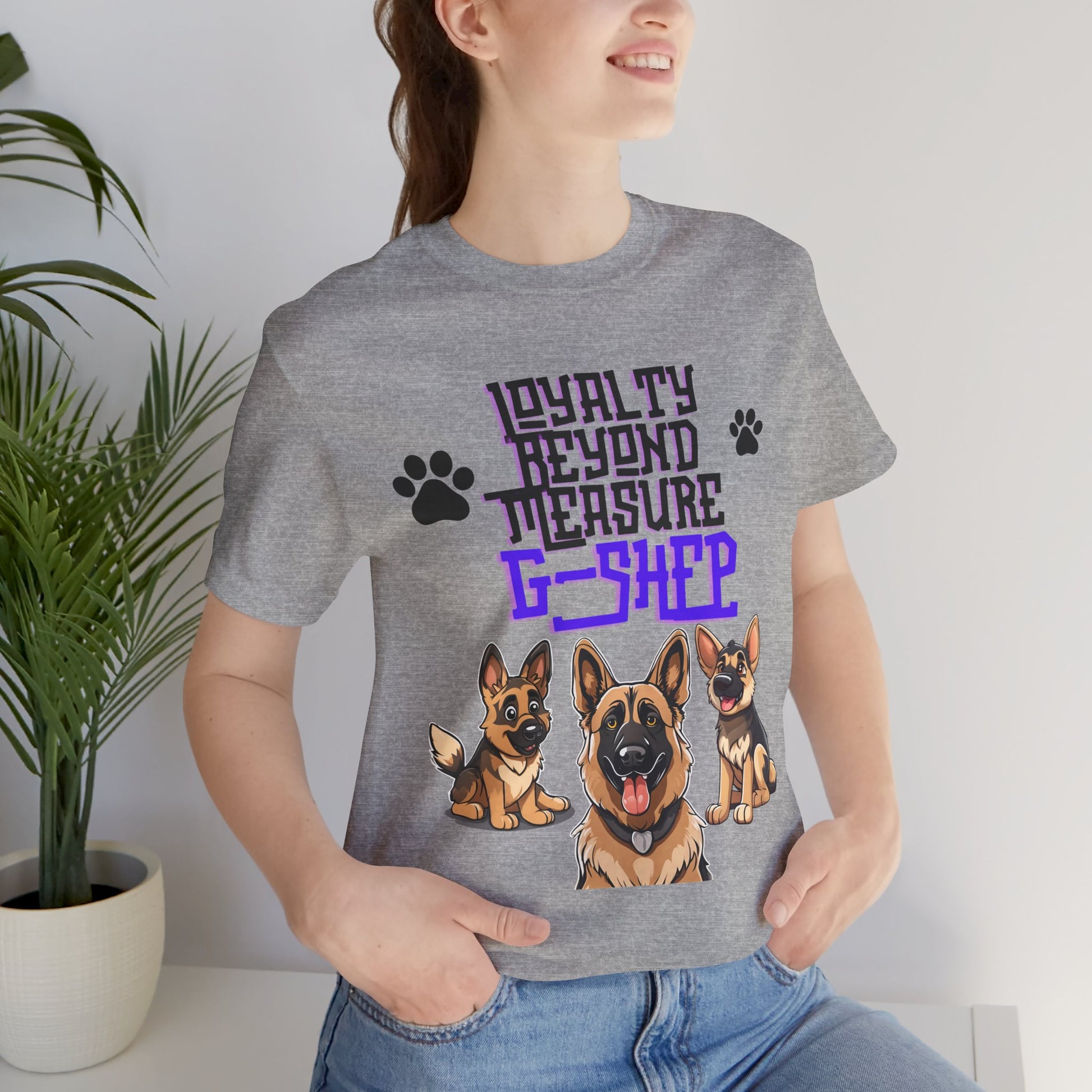 Loyalty Beyond Measure German Shepherd t-shirt in Athletic Heather worn by a model, front view