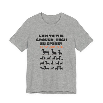 Dachshund Club t-shirt in Athletic Heather — Low to the Ground High in Spirit graphic tee, front view