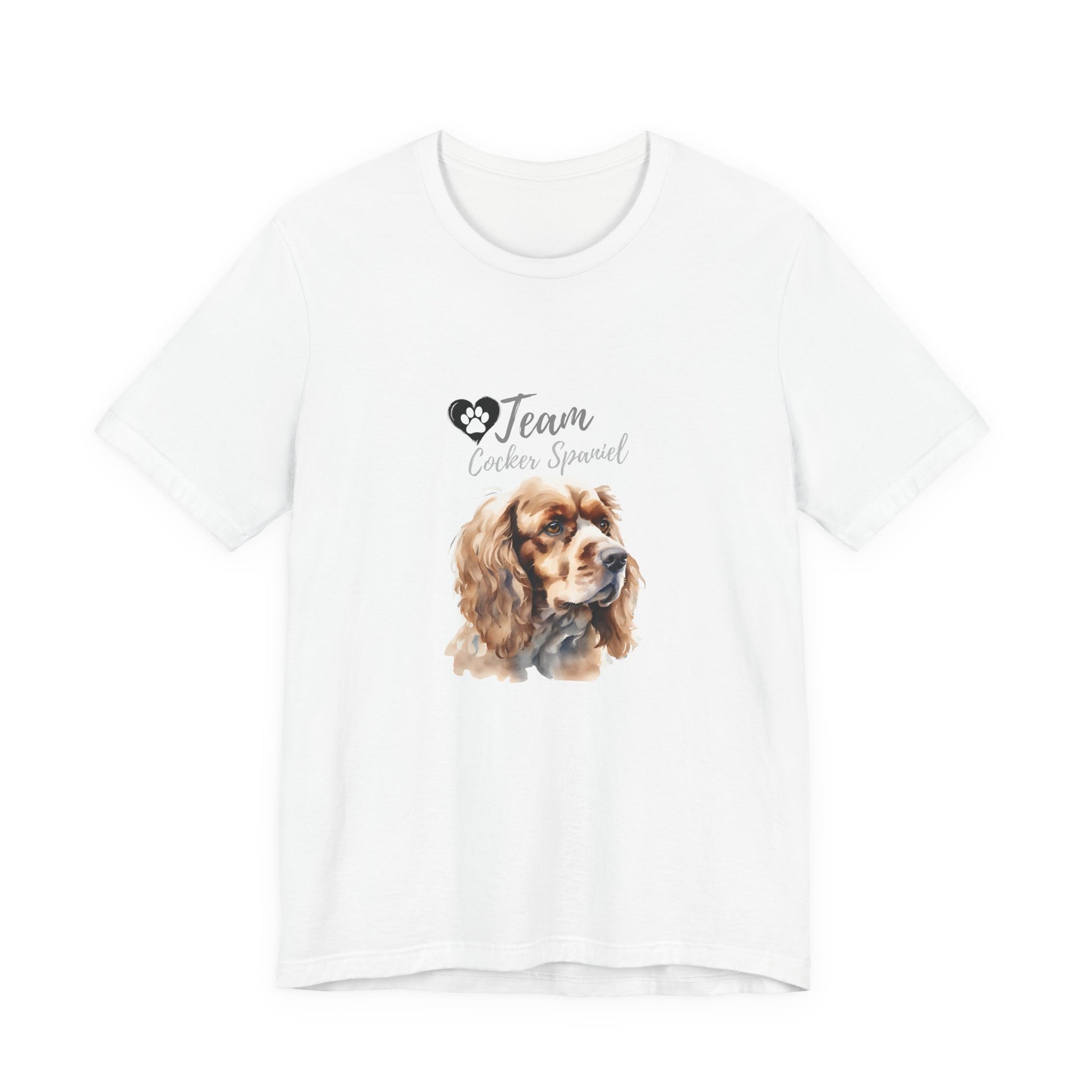 Team Cocker Spaniel watercolour t-shirt in White, flat lay front view