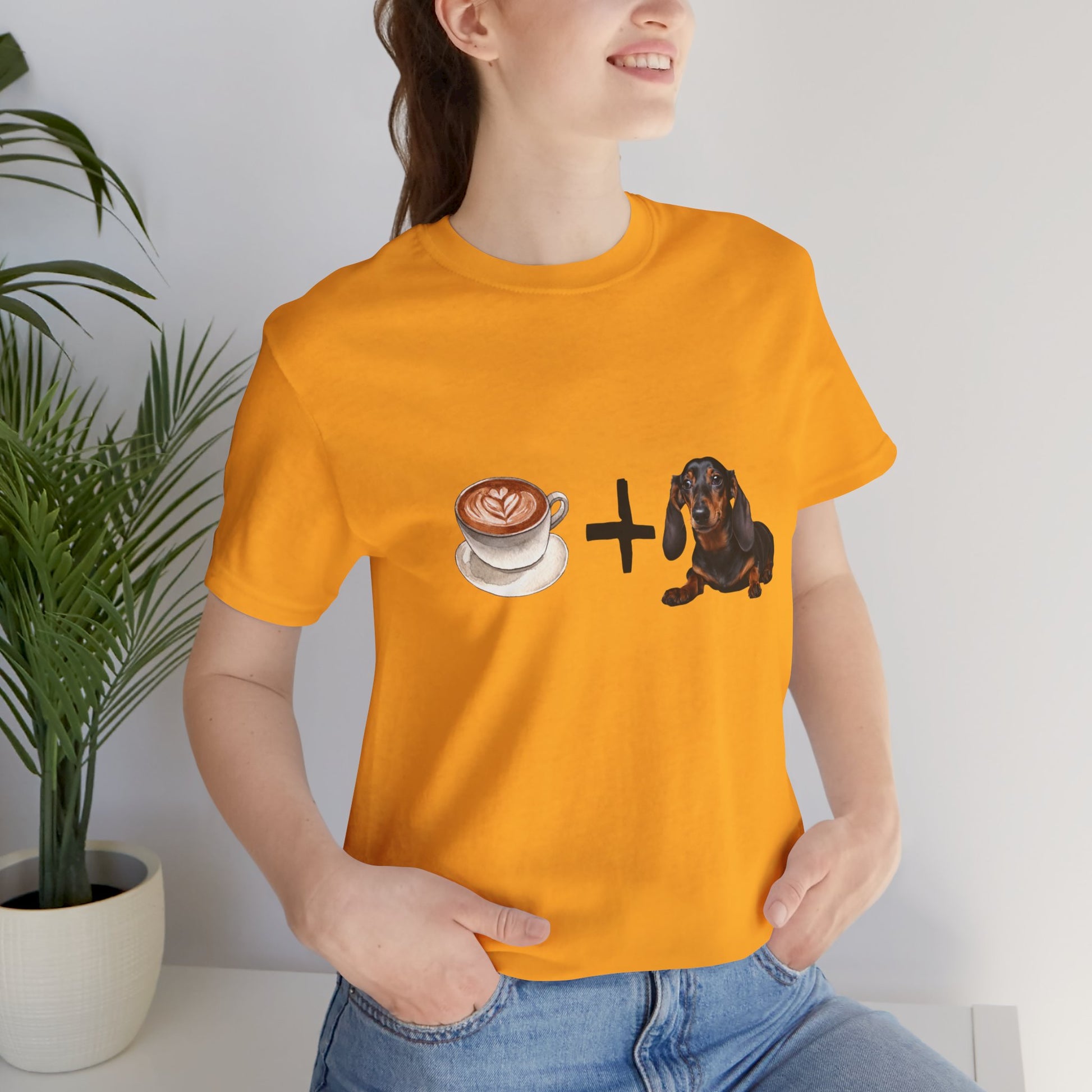 Coffee and Dachshunds T-Shirt — Tan — size guide — SniffWaggleNWalk™
