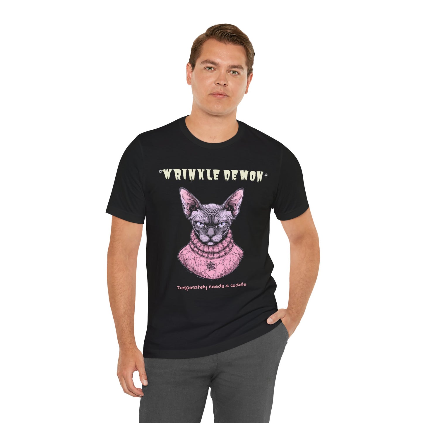 Wrinkly Demon Sphynx Cat Tee — “desperately needs a cuddle.” Graphic Cat T-Shirt