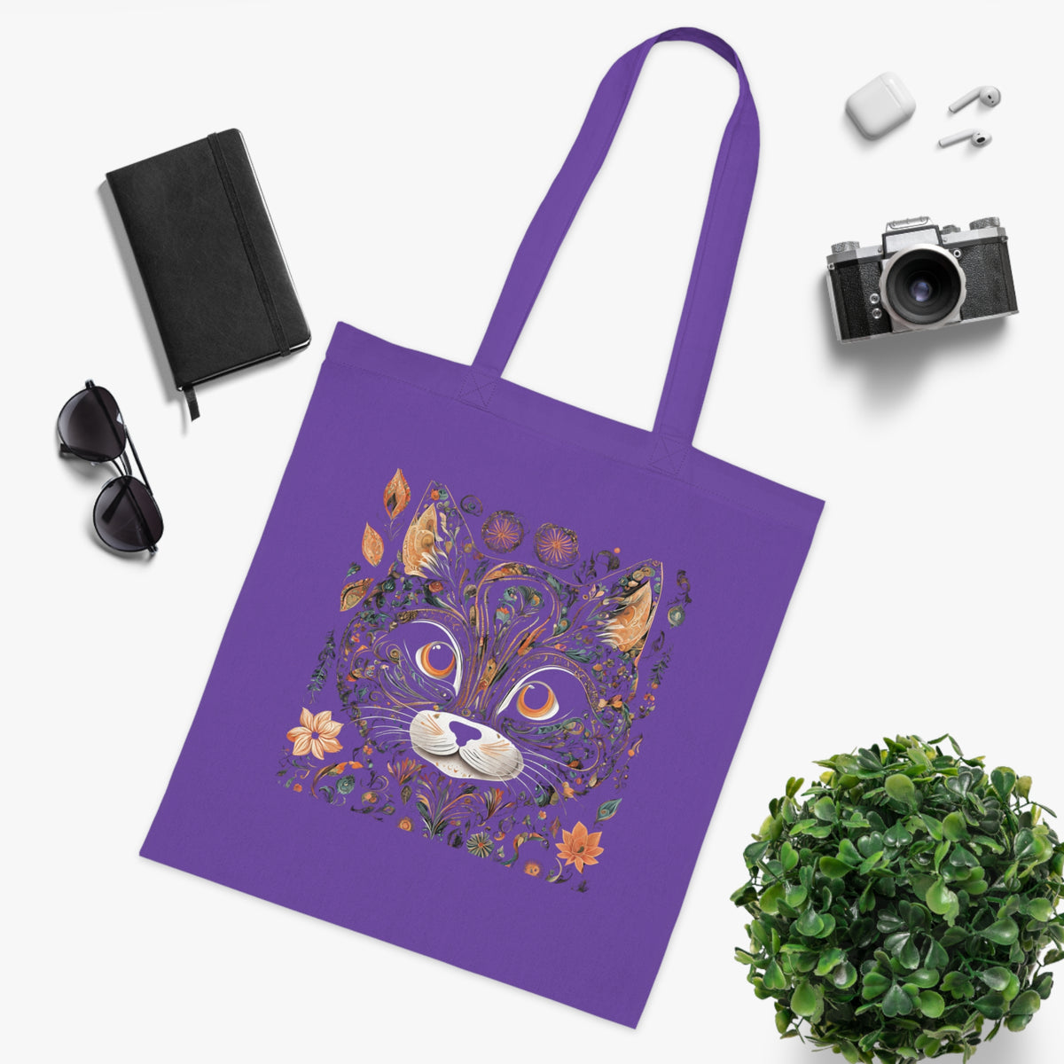 SniffWaggleNWalk™ transparent cat design cotton tote bag — front view