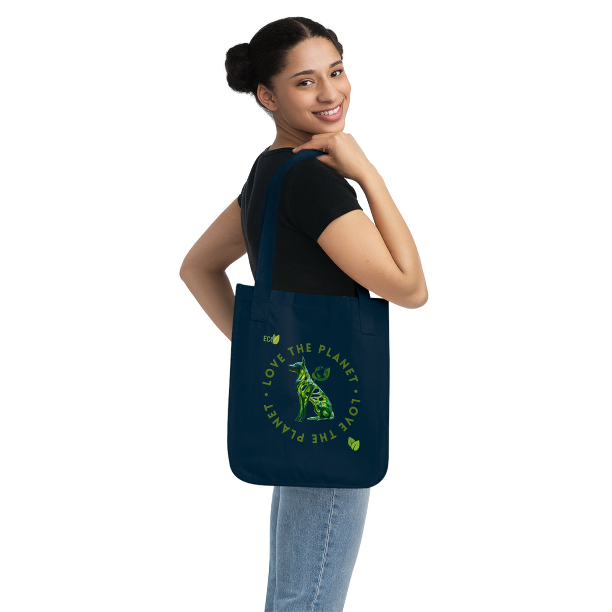 SniffWaggleNWalk™ eco dog tote — flat lay showing Natural and Navy colourways side by side