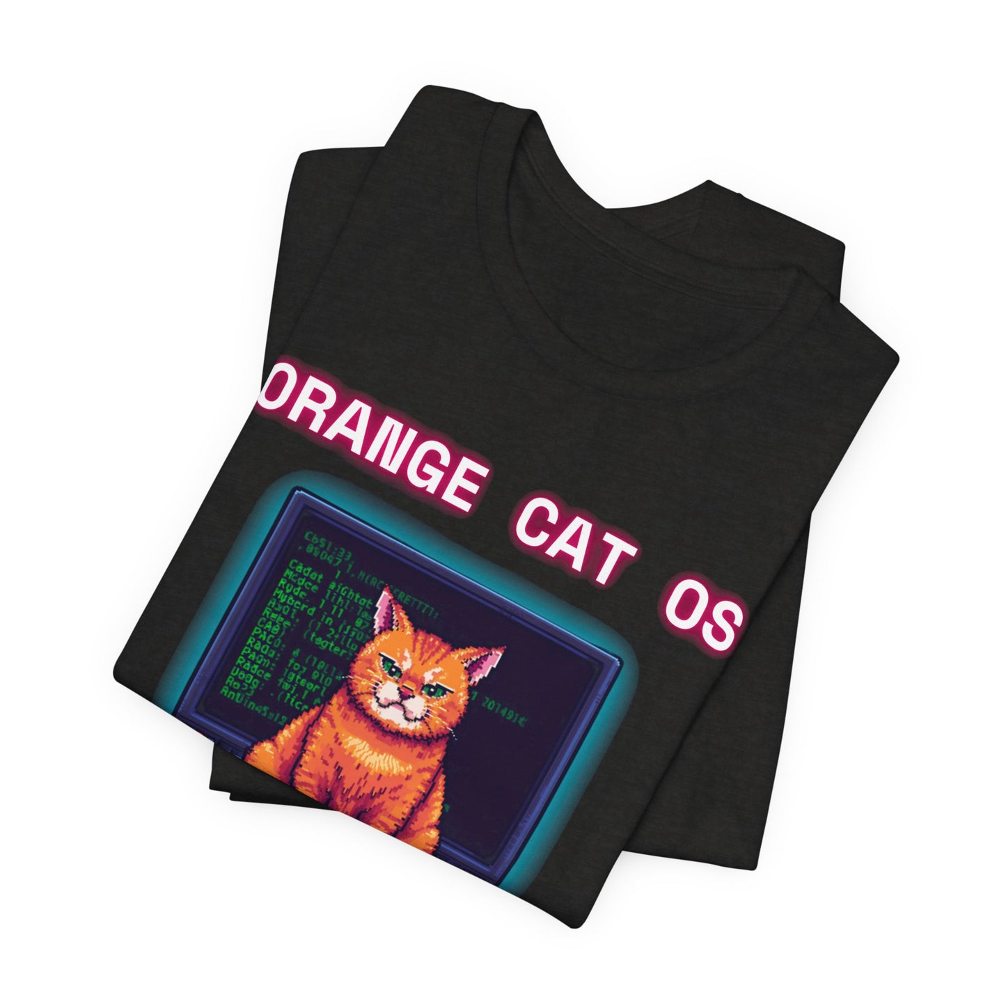 Orange Cat OS T-Shirt — Retro Computer Cat Tee ("Orange Cat OS" with keyboard caption)